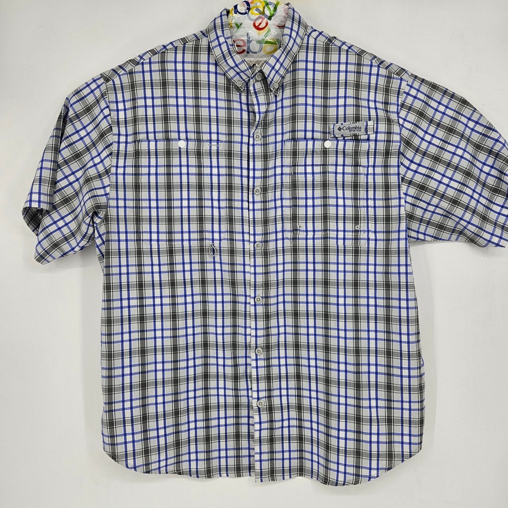 Columbia Shirt Mens Large PFG Performance Fishing Plaid Blue‎ Gray Short Sleeve
